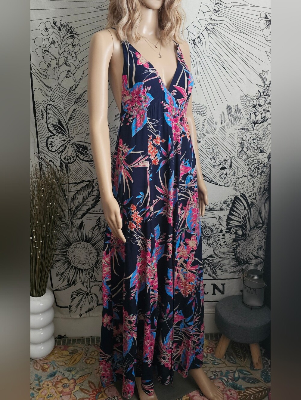 Tropic of the Day Navy Blue Floral Print Maxi Dress Small - Picture 1 of 9